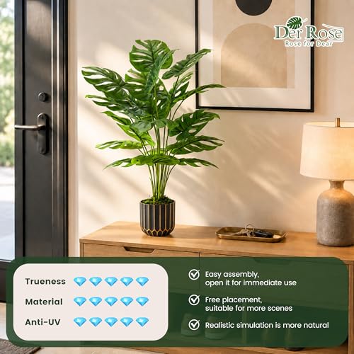 Image of Der Rose 28'' Fake Plants Tall Artificial Monstera Faux Plants Indoor Outdoor Tree for Living Room Home House Decor (Pack of 3)