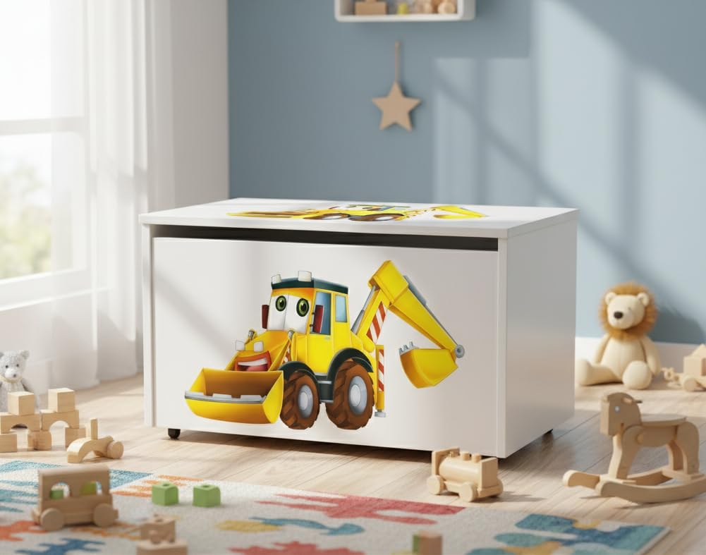 Leomark Holz Spielzeugkiste auf Rädern, Sitzbank mit Stauraum, Spielzeugkiste mit Deckel, Kinderbank - Truhenbank für Kinder, weiße Aufbewahrungsbox 91L, Höhe: 46 cm (Herr Bagger)