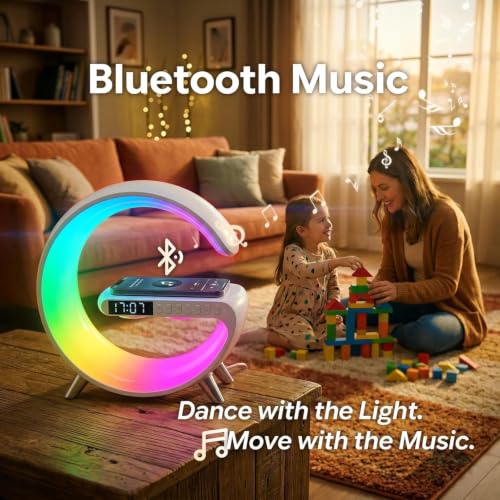 Image of 5 in 1 LED Table Lamp with Wireless Charging Bluetooth Speaker | App Controlled Night Light Alarm Clock for Christmas Birthday Gifts for Teens Adults Desk Office Bedroom Decor