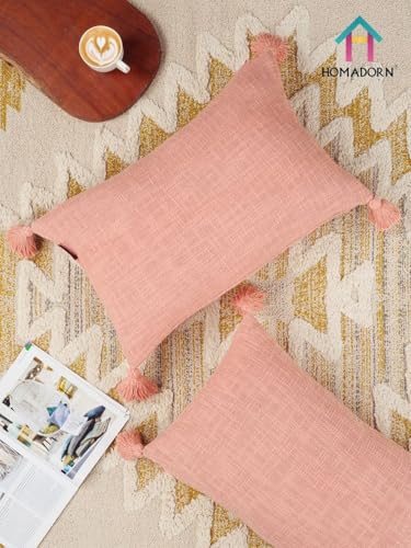 Image of HOMADORN Luxury Cotton Handmade Decorative Boho Throw Pillow Covers with Tassels for Sofa Couch Living Room Indoor Outdoor Chair Car Farmhouse (12X20 INCHES (Rectangle), Peach (Pack of 2))
