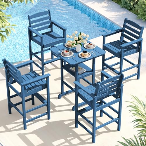 SERWALL 5 Pieces Outdoor Patio Bar Set, Oversize Tall Adirondack Bar Chair and Table Set, Blue