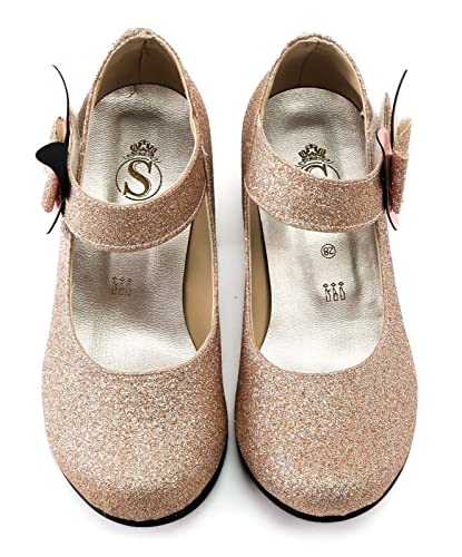 Flower Girls Mary Janes Block Heel Dress Shoes Shiny Sequin Butterfly Ankle Strap Wedding Party Princess Pumps