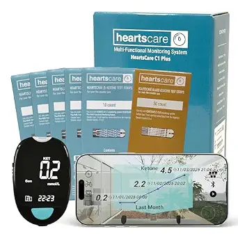 HeartsCare C1 Plus Glucose & Ketone Meter Testing Kit with 50 Ketone and 50 Glucose Strips