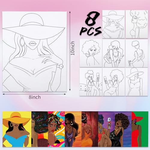 VOCHIC 8 Pack Pre Drawn Canvas for Painting for Adults, Artist Beginner Favor, Sip and Paint Party Supplies Canvas Painting Set, Stretched Outline Canvas with Acrylic, Brush, Pallet(8x10) - Thumbnail 2