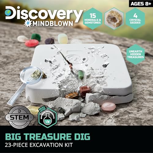 Discovery™ Big Treasure Dig STEM Kit – 23-Piece Excavation Set for Kids| Dig for 15 Gemstones, 4 Crystal Geodes & Pyrite Nuggets| Real Tools| Educational Geology Toy| Science Activity Gift| Ages 8+ - Image 2