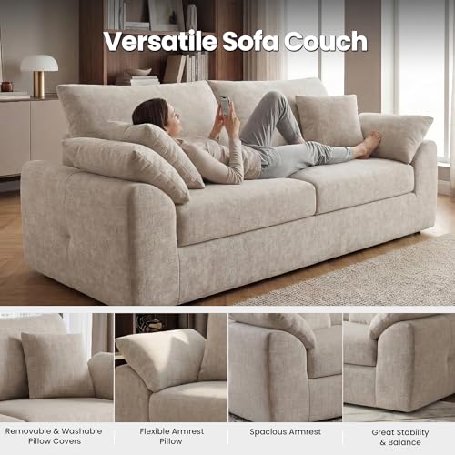 Image of 89.8 inch Modern Loveseat Sofa for Living Room, Cloud Boneless Couches with 4 Pillows, Mid Century Loveseat couches for Small Place, No Assembly Required, Camel