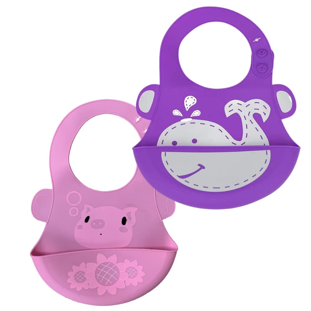 Showcan Waterproof Silicone Weaning Bib Fold Away Easy Comfortable Wipe Clean Eco Friendly, 2pcs Pink & Purple, 6 Month To 3 Years