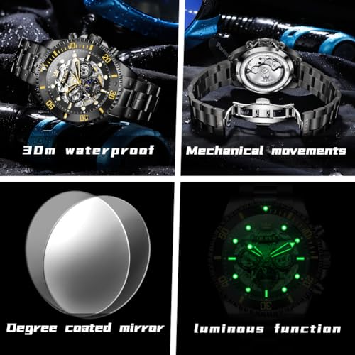 Image of OLEVS Men Automatic Watch Diamond Skeleton Mechanical Luxury Self Winding Moon Phase Calendar Waterproof Wrist Watch for Men