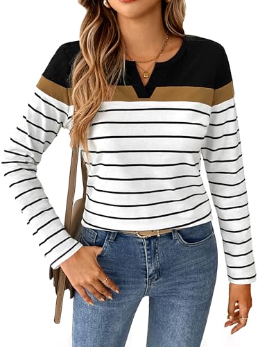 SOFIA'S CHOICE Women Striped Long Sleeve T Shirt V Neck Basic Cotton Cute Shirts