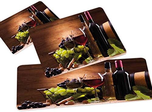 Wine 3D Non-Slip Kitchen Mat Runner Rug Set,3pc Kitchen Rug Set,Glasses of Red and White Wine Served with Grapes French Gourmet Tasting Decorative,for Entryway Kitchen and Bedroom,Brown Ruby Light Gre