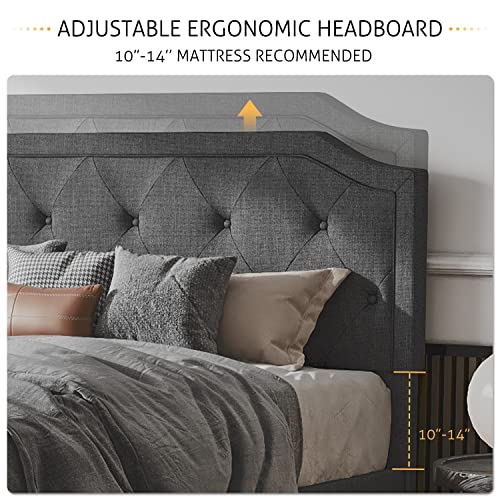 Sha Cerlin Full Size Upholstered Platform Bed With Curved Rhombic Button Tufted Headboard, Easy Assembly, Dark Grey #TOP3