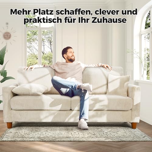 Kidirect Cord Sofa 3 Sitzer, 178CM Bequemes Couch 53CM Extra Tiefe Sitze, Sofa Wohnzimmer Werkzeugfreie Montage, Big Sofa Couch mit 2 Kissen, Modernes Couch fürs Büro, Schlafzimmer Sofas Beige