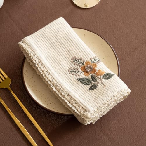 Image of R home Honeycomb Sunflower Embroidered Cotton Napkins with Lace, Set of 6, 16x16 Inch, Reusable Machine Washable Dinner Napkins for Dining Table, Lunch, Parties, Restaurants, Cafes & Home Decor