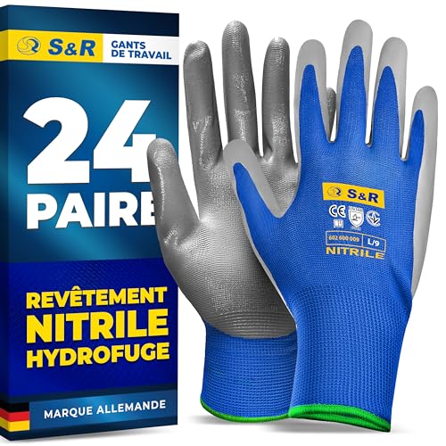 S&R Gants de travail avec revêtement en nitrile – Gants de protection antidérapants sans couture pour montage, construction et entretien – Flexibles, résistants à l'huile et à l'eau, résistants à