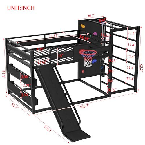 Image of Bellemave Full Over Full Bunk Beds for Kids with Slide, Basketball Hoop & Climbing Wall, Heavy Duty Metal Full Size Bunk Bed with Guardrails, Low Bunk Bed for Bedrooms, No Box Spring Needed, Black