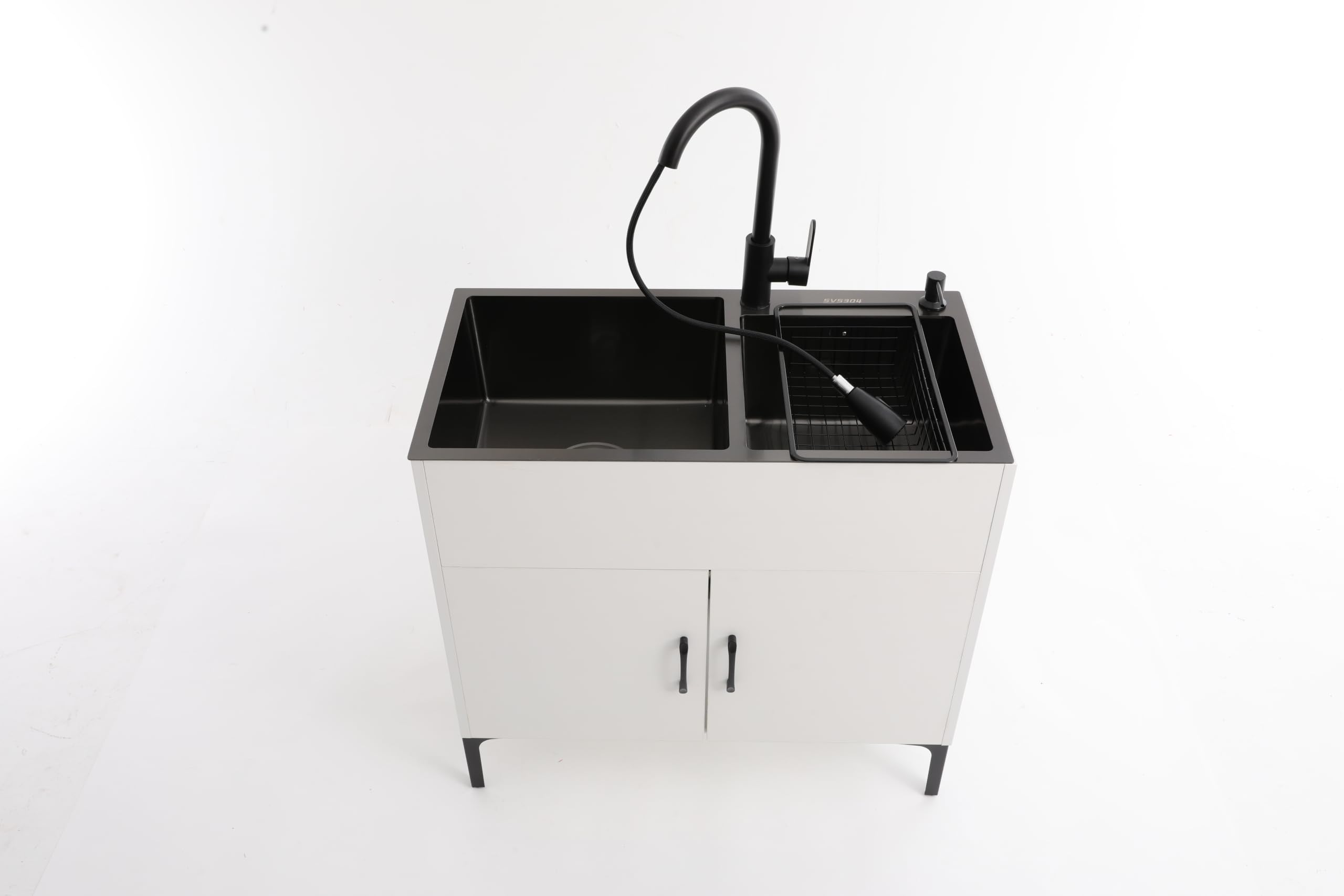 Lavello da cucina autoportante con mobiletto e rubinetto, lavello in acciaio inox con 2 vasche, scolapiatti e unità di scarico, per cucina, giardino, officina, lavanderia, campeggio (bianco)