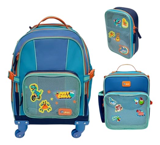 Puket - Kit Color Block Menino: Mochila com rodinha 360 + Lancheira Térmica + Estojo Box Color Block Puket