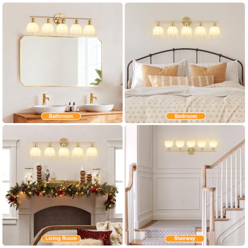 Image of Bathroom Light Fixtures, 5-Light Brushed Gold Vanity Lights for Bathroom with White Tulip Glass Shade, 30 inch Vintage Bathroom Vanity Lighting Fixtures Over Mirror for Bedroom Living Room Hallway