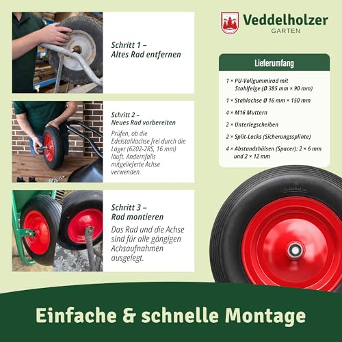Veddelholzer PU Vollgummi Schubkarrenrad Sackkarrenrad 4.80/4.00-8 auf Stahlfelge Ø 385 inkl. Achse und Montage Verschraubung Traglast 200 kg pannensicheres PU universell einsetzbar
