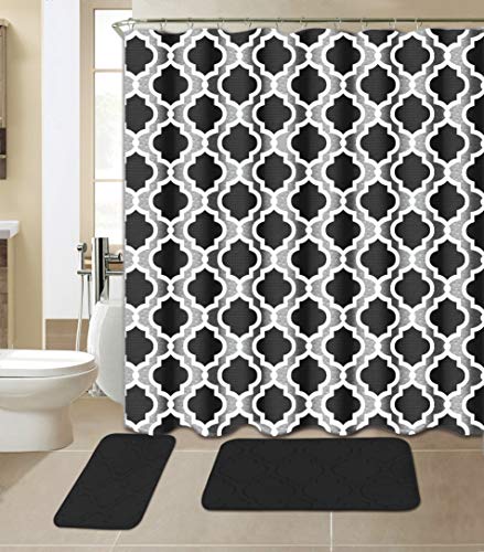 All American Collection 15-Piece Bathroom Set with 2 Memory Foam Bath Mats and Matching Shower Curtain | Designer Patterns and Colors (Geometric Black)