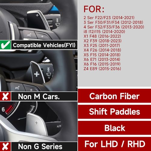 Image of 2PCS Steering Wheel Paddle Shifter Extensions Trim Carbon Fiber Decal Shift Paddle Blade Sticker Compatible with BMW 2 3 4 X1 X2 X3 X4 X5 X6 Accessories - 5 6 Series NOT FIT (Black)