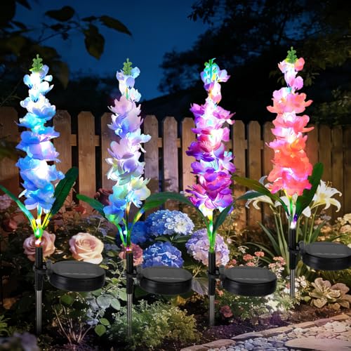 4 Pack Color Changing Solar Lights Outdoor Waterproof, Solar Delphinium Flower Stake Lights Auto ON/Off Solar Garden Lights for Spring Lawn Pathway Landscape Birthday Gifts for Mom Women Grandma