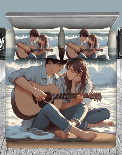 Image of 7D Printed Bedsheet King Size Digital Musical Romantic Couple - 90x100 Inch with 2 Pillow Covers | Glace Cotton | Soft Breathable | Premium Bed Sheet | 240TC