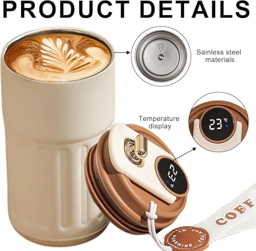 Image of Zephorus Coffee Mug Cup Digital Display, Thermos Flasks, 460 ml, 316 Stainless Steel Travel Mug, Insulated Vacuum Thermal Mug, Leak-Proof Travel Mug with Lid for Coffee (White Brown)