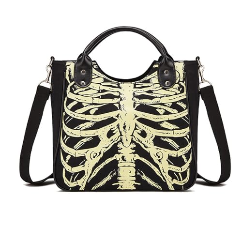 Women Handbag Canvas Punk Purse Luminous Skull Print Shoulder Bag Halloween Tote with Shoulder Strap Large Capacity Satchel