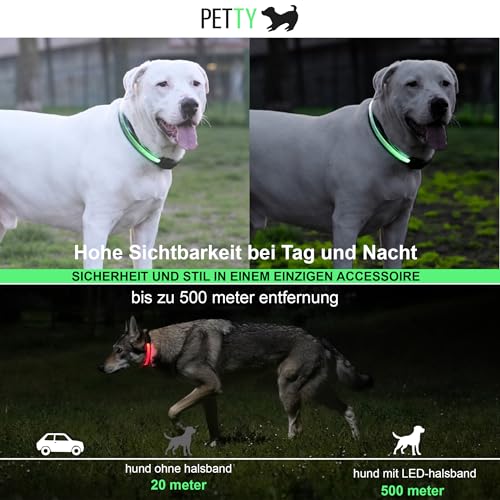 Petty Italia Verstellbares Hundehalsband aus Biothane mit LED, Nachtleuchtendes Halsband aus Biothane mit PVC und wiederaufladbarem Akku (Grün, L)