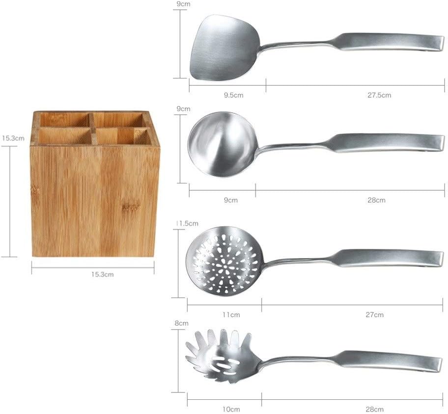 Household Cookware Set Stainless Steel Spatula Spoon Leaky Pasta Processor Set with Bamboo Storage Rack 5 Piece Set Kitchenware Gift Lightweight and Durable Cook