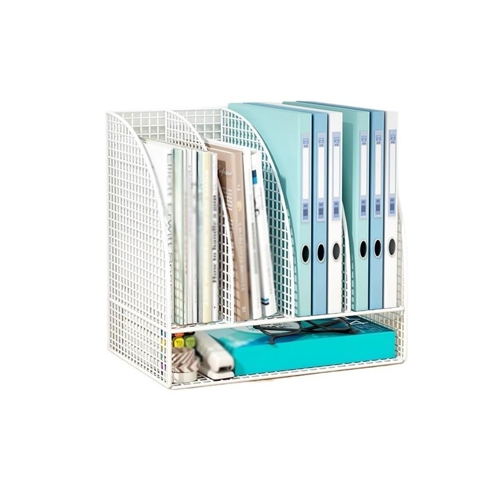 FZL02068LM Paper Organizers File Rack, Metal Desktop Document Shelf Tray Office Classroom Organization - Black Office Trays(White)