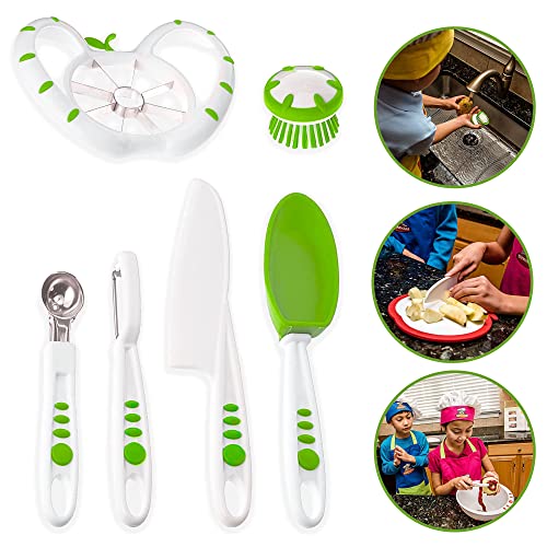 Curious Chef 6-Piece Fruit & Veggie Prep Kit for Kids, Dishwasher Safe Tools, Made with BPA-Free Plastic, Includes Real Utensils - Scrubber, Melon Baller, Knife, Apple Slicer, Silicone Spoon & Peeler