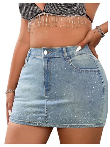 Verdusa Women's Plus Size Rave Rhinestone Glitter Jean Skirt Party Denim Mini Skirts with Pockets Blue 3X-Large Plus
