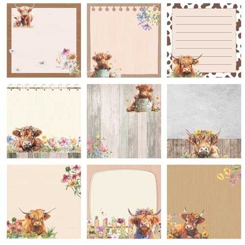 Saypacck 9 Pads Highland Cow Sticky Notes 3x3 Inch Cute Self Stick Notepads Notes Adhesive Memo Pad Office Decor Gifts for Students School Teacher Meeting Office Supplies