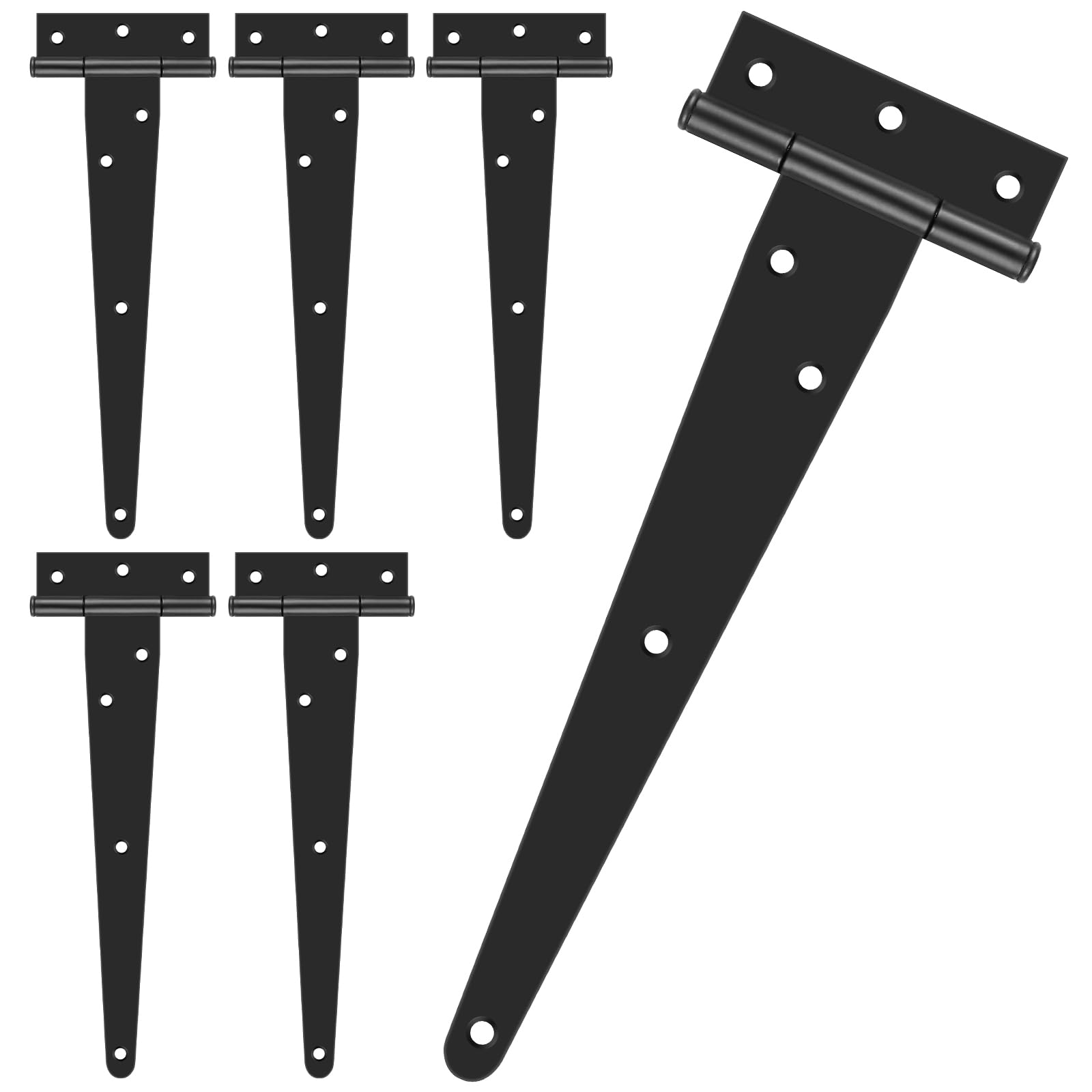 6 Packs Door Hinges, Heavy Duty T Hinges Black, 12 Inch Metal gate Hinges Outdoor, T Strap Hinge with Screws for Fences, Shed Doors, Cabinets,Windows