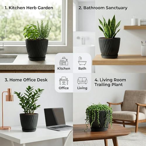 Image of Eightiz (Pack of 5 6 Inch Plastic Flower Pots for Indoor & Outdoor Terrace,Garden Plants Decorative Planters with Drainage Holes & Matching Saucers Durable & Lightweight (Black)