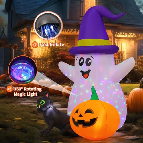 Image of GOOSH 5 FT Halloween Inflatables Ghost Outdoor Decorations Blow Up Yard Cute Wizard Ghost with Black Cat Pumpkin with Built-in LEDs for Garden Lawn Indoor Party Decor