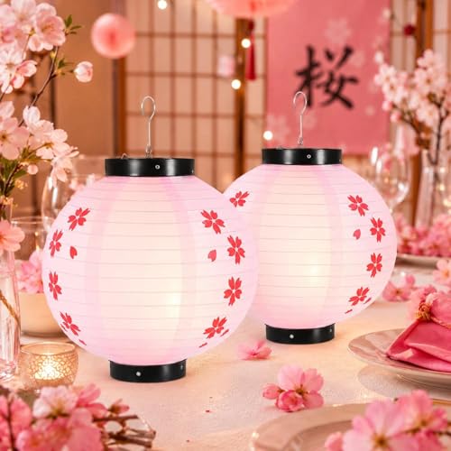 Image of LOGOFUN 2pcs Japanese Style Hanging Lantern Pink (30cm) | Paper Material; Cherry Blossom Pattern; For Sushi Restaurant Indoor Outdoor Decorations
