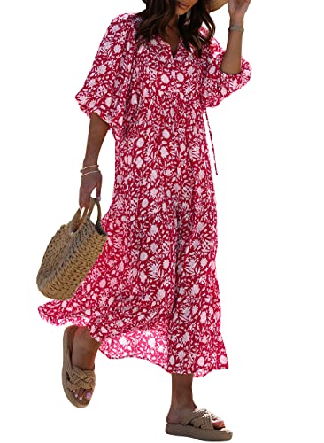 miduo Womens Maxi Dress Summer Fashion Loose V Neck Short 1/2 Sleeve Floral Printed Garden Long Maxi Dresses Ankle Length L