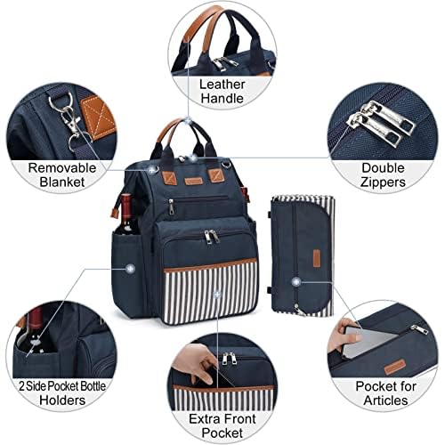 Zaino da picnic grande capacità 4 piatti scomparto termico 22,9 cm manico legno posate coperta impermeabile blu navy