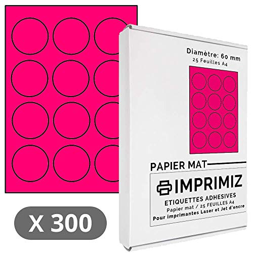 300 etiquetas autoadhesivas redondas de 60 mm de diámetro, 12 etiquetas por hoja, 25 hojas de papel A4 de colores para impresora de inyección de tinta y láser, color rosa neón