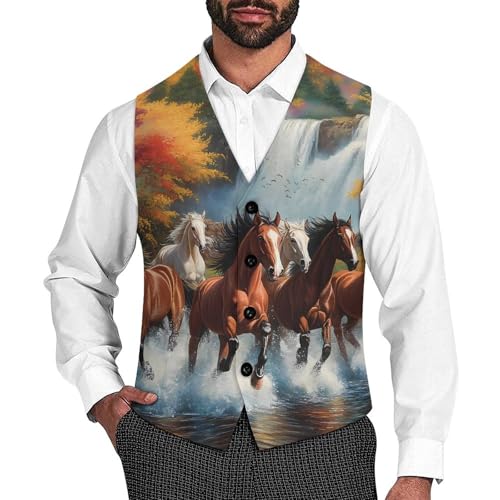 Horses Running River Autumn Trendy Vest Suit for Men V Neck Formal Dress Waistcoat Vests Business Slim Fit - Main Image
