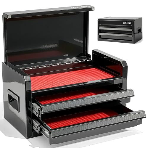 OLY-PRO Mini Toolbox with 2 Drawers and Top Storage Durable Tool Box Steel Construction with Ball-Bearing Slides Multi-Purpose Portable Tool Boxes Case Organizer for Garage Black