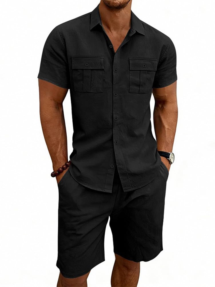 Ensemble Homme Ete Chemise Lin Manches Courtes et Short Set Jogging Ensembles Survêtement Tenue Plage Décontracté 2 Pièces