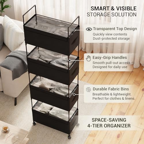 Image of Lukzer 4-Tier Clothes Organizer Basket with Wheels | Fabric Closet Storage Rack for Folded Clothes | Metal Rolling Wardrobe Shelf for Bedroom Closet & Laundry Room (Black /28x57x180 cm)