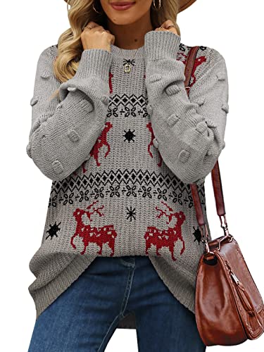 Xieerduo Women's Christmas Reindeer Themed Knitted Holiday Sweater Pullover Loose Fit Grey S #TOP6