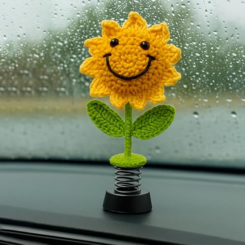 Image of Handmade Crochet Sunflower Car Dashboard Decorations Gifts for Women, Cute Sun Flower Hippie Car Bobblehead Dashboard Decor, Smiley Face Mini Sunflower Spring Desk Decorations 1 PCS