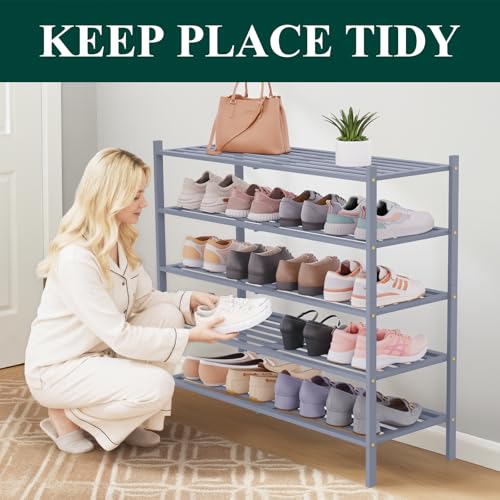 Image of Smiry Bamboo Shoe Rack, 5 Horizontal Slats, 5 Tier - 33.9 inch Wide, Grey