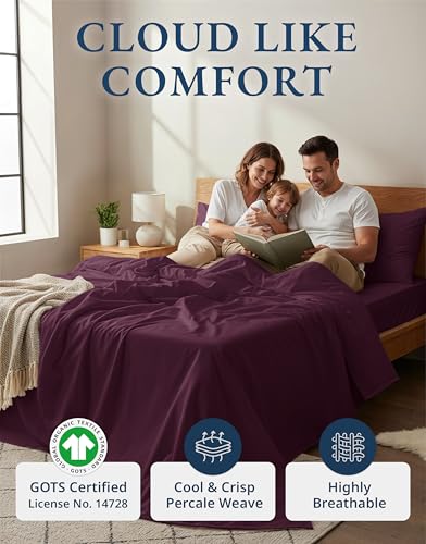 Image of LANE LINEN 100% Organic Cotton Sheets Queen Size, Classic Percale Weave Fully Elasticized Breathable Queen Cotton Sheet Set, Machine Washable Soft & Comfy Queen Sheet Set - Windsor Wine